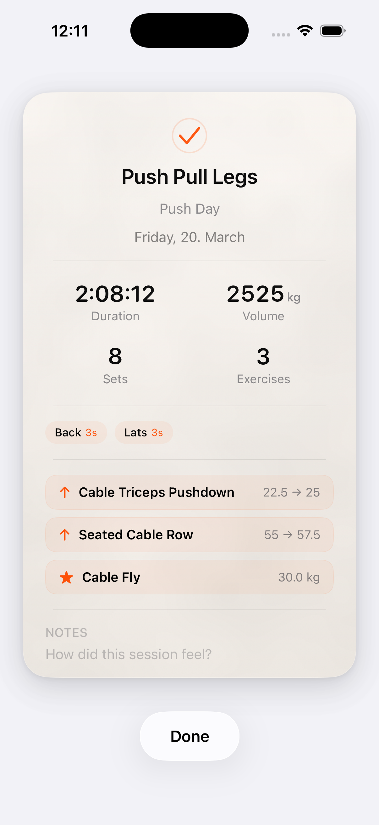 Workout completion screen showing Push Day summary with duration, total volume, sets completed, and progression arrows for each exercise