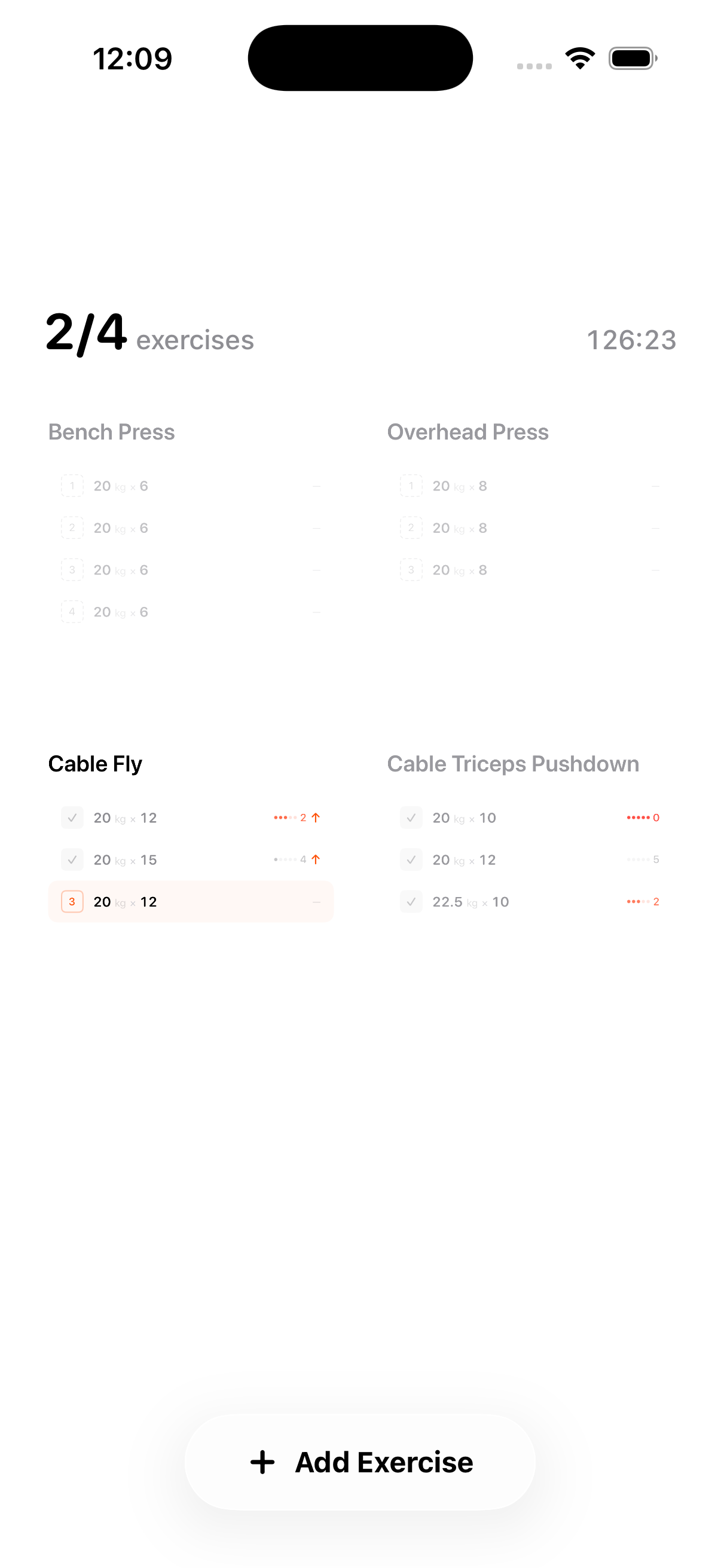 Workout session overview grid showing 4 exercises with completed sets, add exercise button, and workout controls