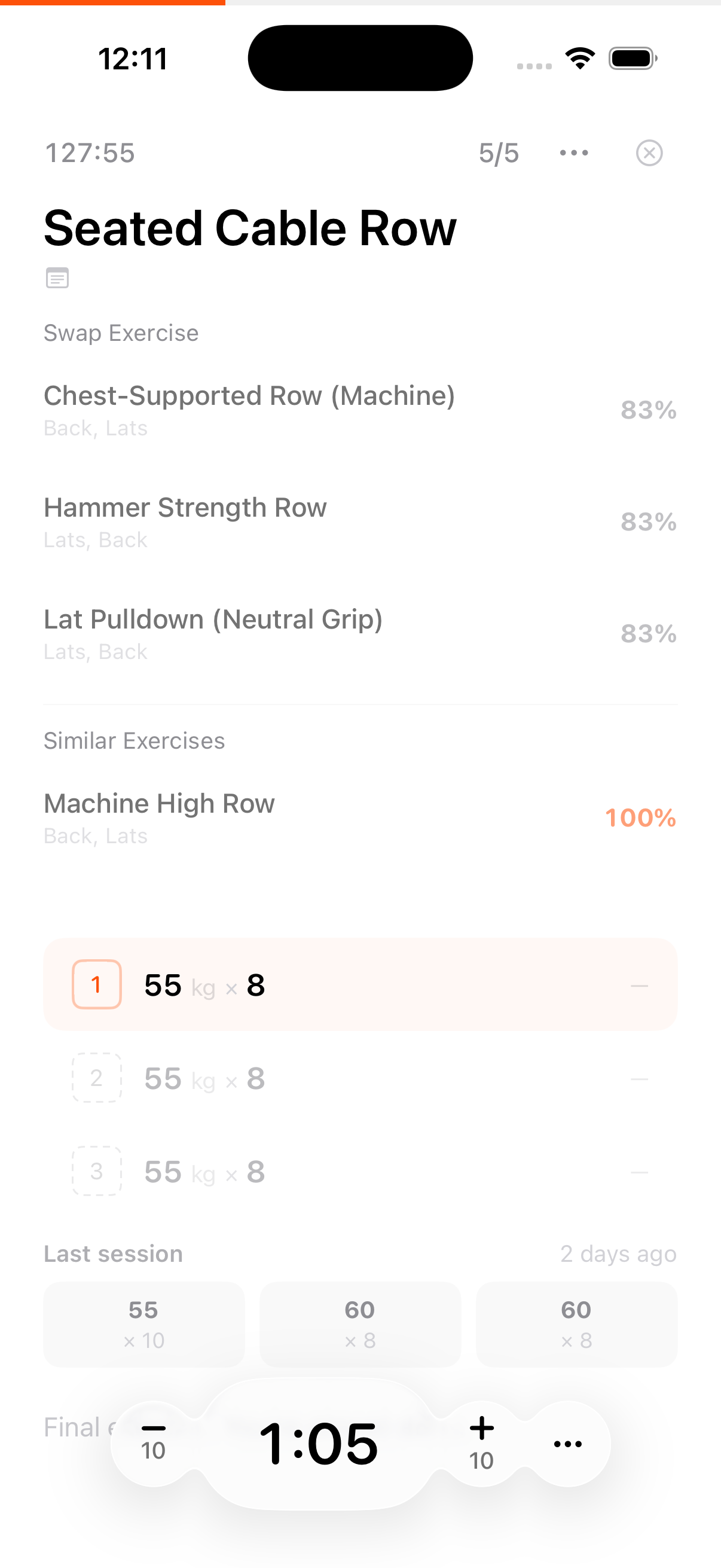 Seated Cable Row exercise alternatives showing biomechanical matching with 83%, 100%, and 95% compatibility percentages